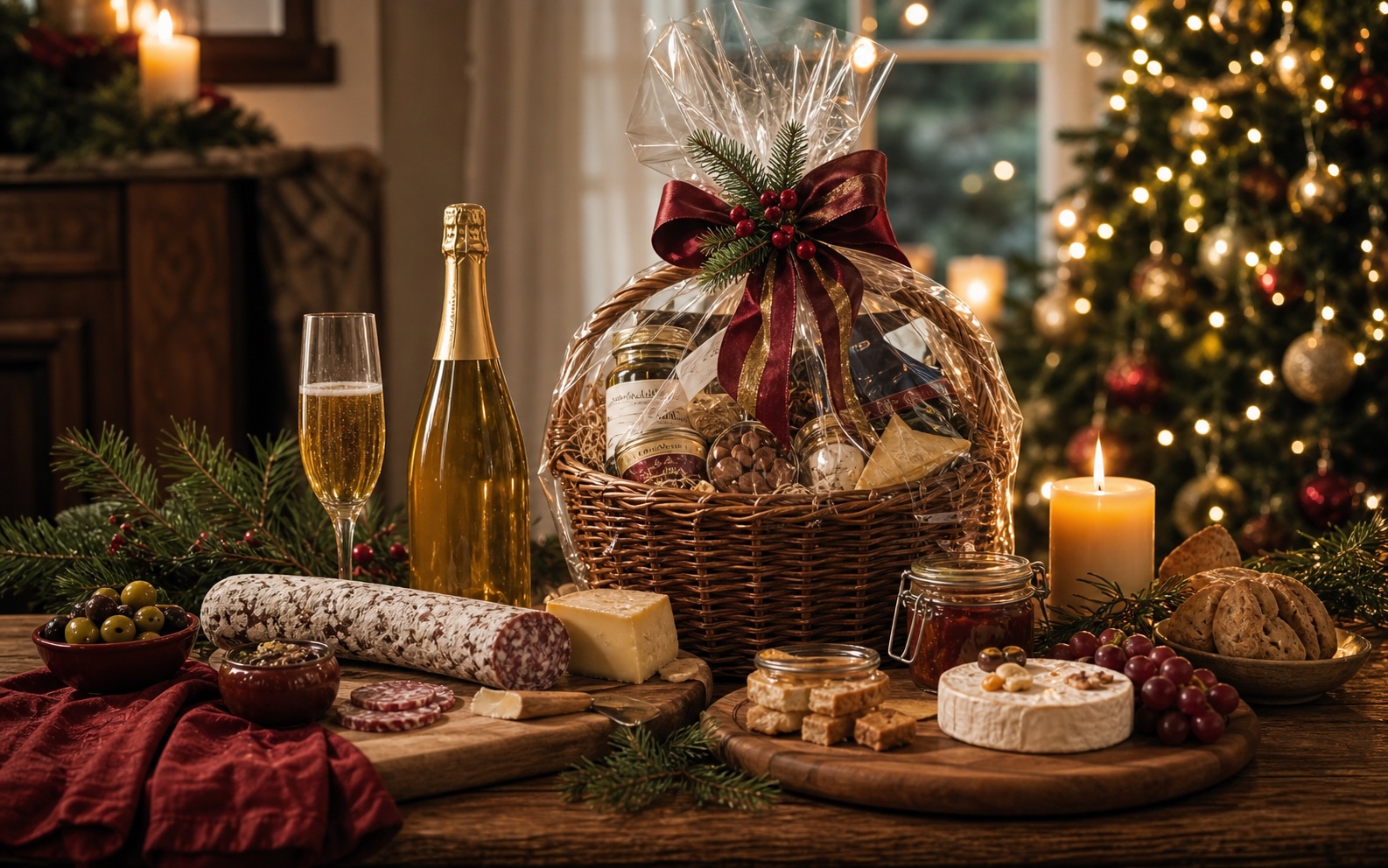 Panier gourmand présenté dans une ambiance de Noël